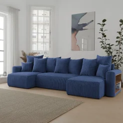 Divano letto panoramico 312x142cm velluto a coste con libreria a destra blu Mistery