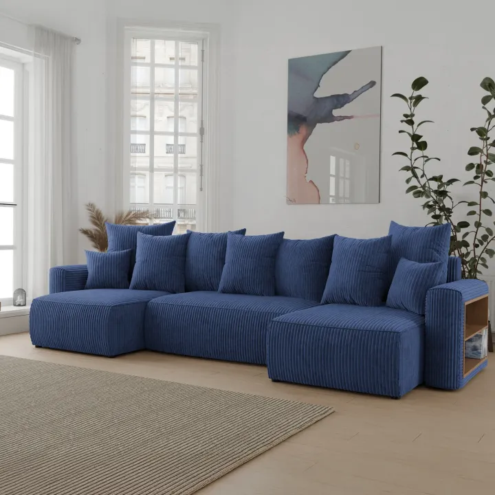 Divano letto panoramico 312x142cm velluto a coste con libreria a destra blu Mistery