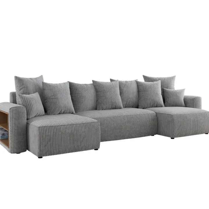 Divano letto panoramico 312x142cm velluto a coste con libreria a sinistra grigio chiaro Mistery