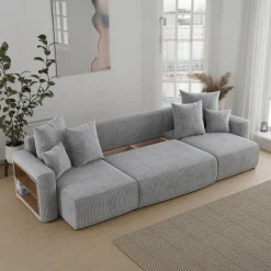 Divano letto panoramico 312x142cm velluto a coste con libreria a sinistra grigio chiaro Mistery