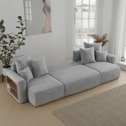 Divano letto panoramico 312x142cm velluto a coste con libreria a sinistra grigio chiaro Mistery