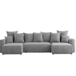 Divano letto panoramico 312x142cm velluto a coste con libreria a sinistra grigio chiaro Mistery