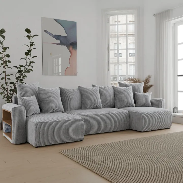 Divano letto panoramico 312x142cm velluto a coste con libreria a sinistra grigio chiaro Mistery