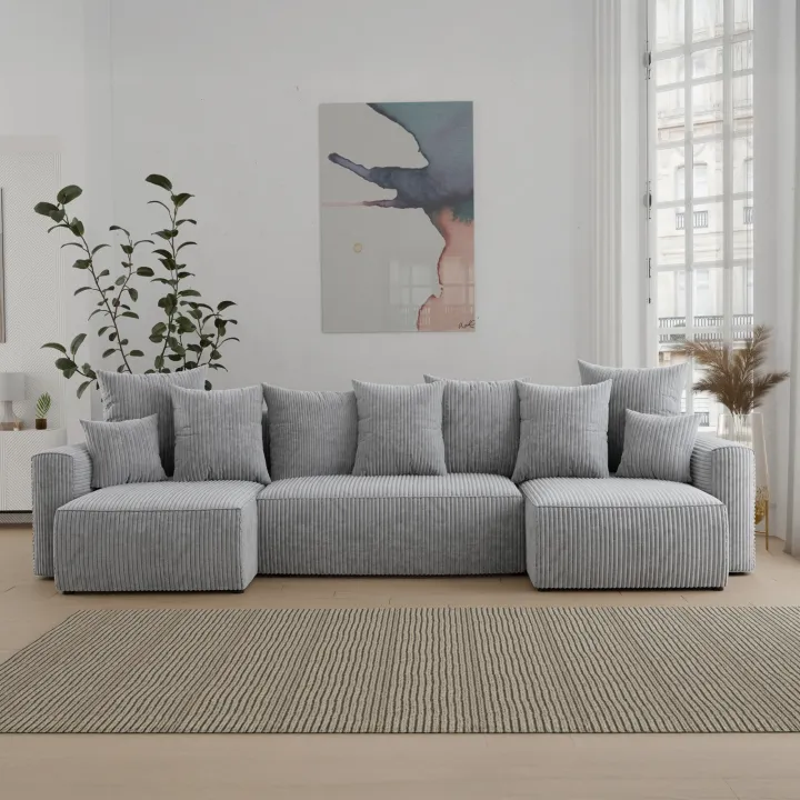 Divano letto panoramico 312x142cm velluto a coste con libreria a sinistra grigio chiaro Mistery