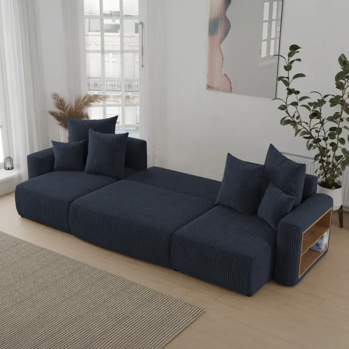Divano letto panoramico 312x142cm velluto a coste con libreria a destra nero Mistery