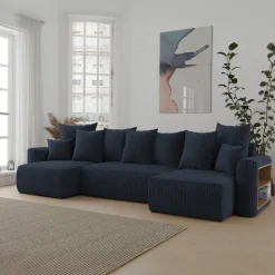 Divano letto panoramico 312x142cm velluto a coste con libreria a destra nero Mistery