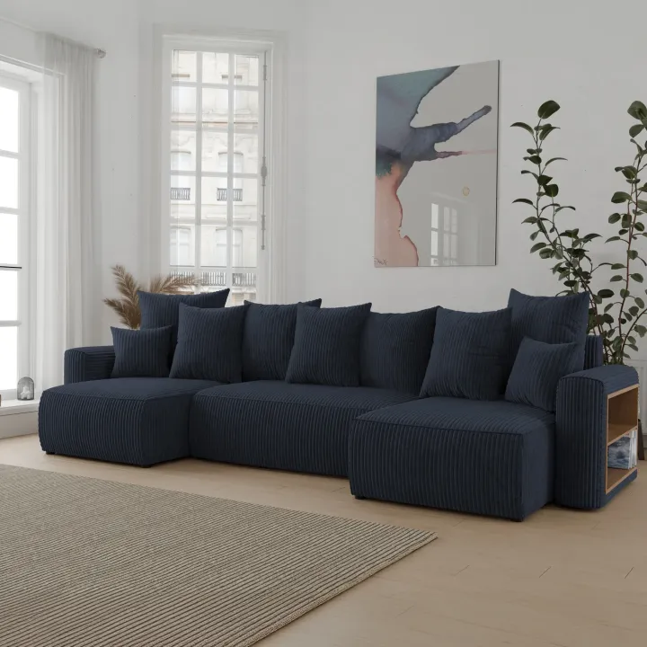 Divano letto panoramico 312x142cm velluto a coste con libreria a destra nero Mistery
