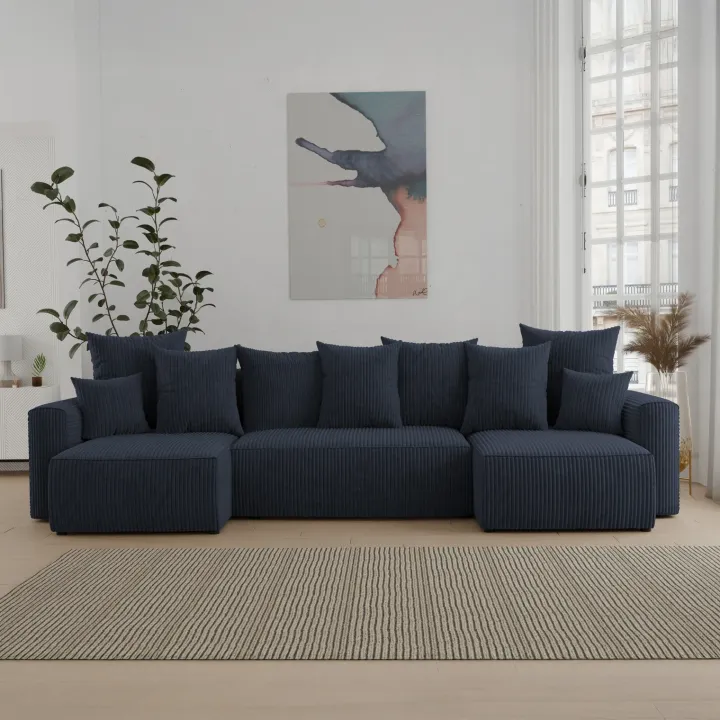 Divano letto panoramico 312x142cm velluto a coste con libreria a destra nero Mistery