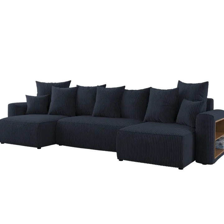 Divano letto panoramico 312x142cm velluto a coste con libreria a destra nero Mistery