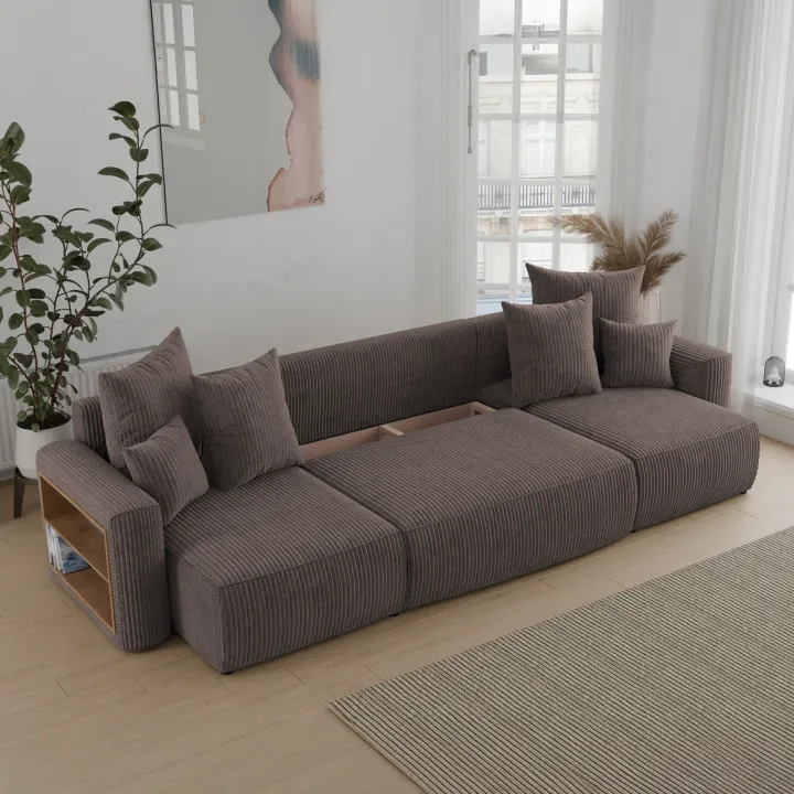 Divano letto panoramico 312x142cm velluto a coste con libreria a sinistra marrone Mistery