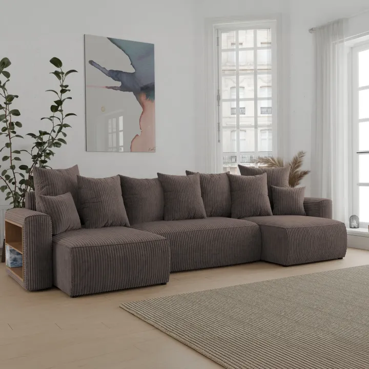 Divano letto panoramico 312x142cm velluto a coste con libreria a sinistra marrone Mistery