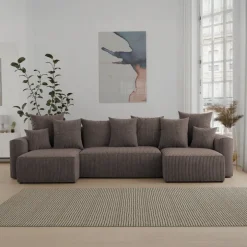 Divano letto panoramico 312x142cm velluto a coste con libreria a sinistra marrone Mistery
