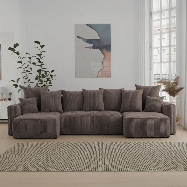 Divano letto panoramico 312x142cm velluto a coste con libreria a sinistra marrone Mistery