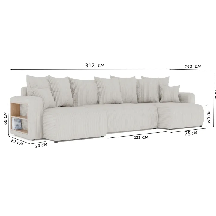 Divano letto panoramico 312x142cm velluto a coste con libreria a sinistra marrone Mistery