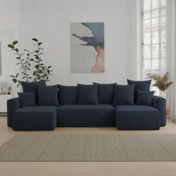 Divano letto panoramico 312x142cm velluto a coste con libreria a sinistra nero Mistery