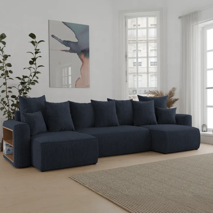 Divano letto panoramico 312x142cm velluto a coste con libreria a sinistra nero Mistery