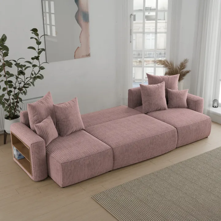 Divano letto panoramico 312x142cm velluto a coste con libreria a sinistra rosa antico Mistery