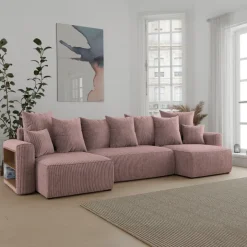Divano letto panoramico 312x142cm velluto a coste con libreria a sinistra rosa antico Mistery