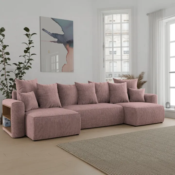 Divano letto panoramico 312x142cm velluto a coste con libreria a sinistra rosa antico Mistery