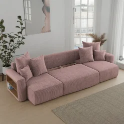 Divano letto panoramico 312x142cm velluto a coste con libreria a sinistra rosa antico Mistery