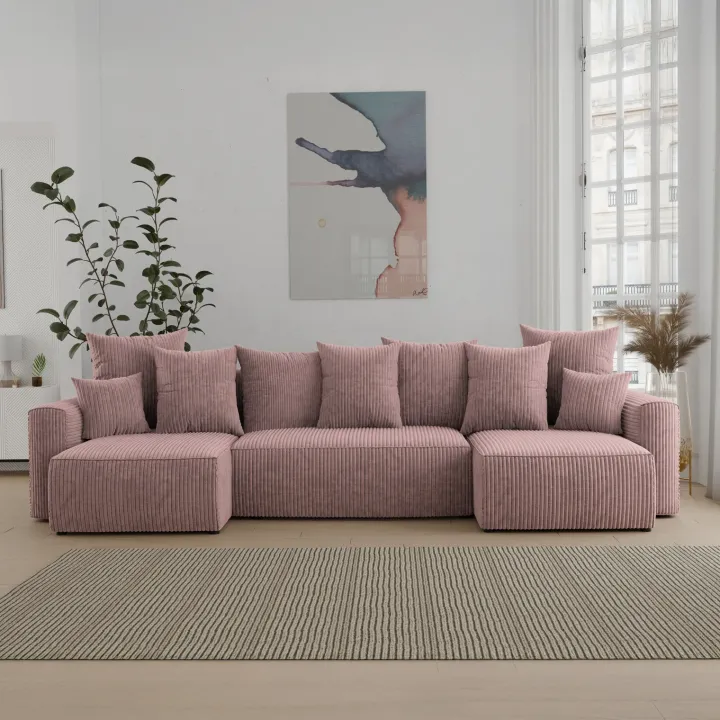Divano letto panoramico 312x142cm velluto a coste con libreria a sinistra rosa antico Mistery