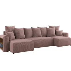Divano letto panoramico 312x142cm velluto a coste con libreria a sinistra rosa antico Mistery