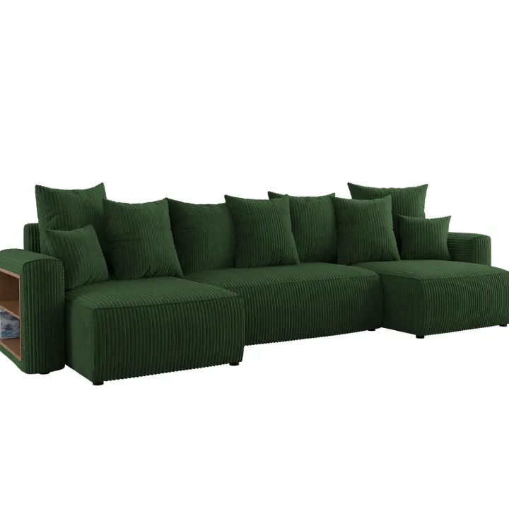 Divano letto panoramico 312x142cm velluto a coste con libreria a sinistra verde scuro Mistery