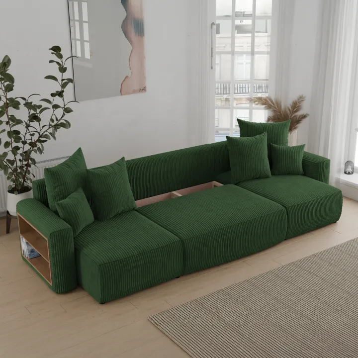Divano letto panoramico 312x142cm velluto a coste con libreria a sinistra verde scuro Mistery