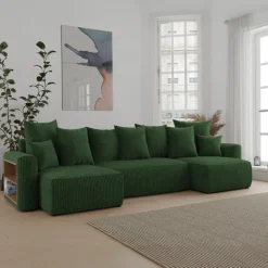 Divano letto panoramico 312x142cm velluto a coste con libreria a sinistra verde scuro Mistery