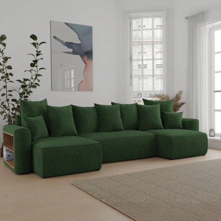 Divano letto panoramico 312x142cm velluto a coste con libreria a sinistra verde scuro Mistery