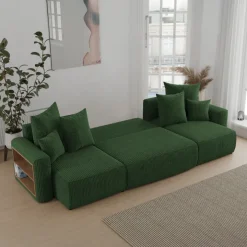 Divano letto panoramico 312x142cm velluto a coste con libreria a sinistra verde scuro Mistery