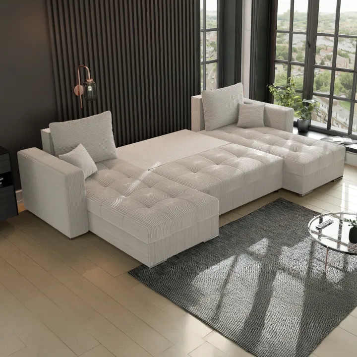 Divano letto panoramico 320x160cm velluto a coste beige Ermione