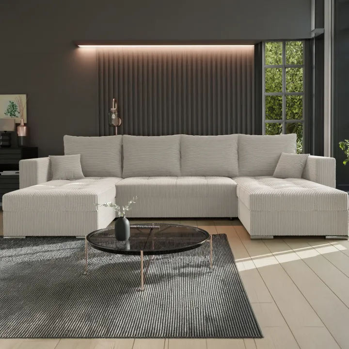Divano letto panoramico 320x160cm velluto a coste beige Ermione