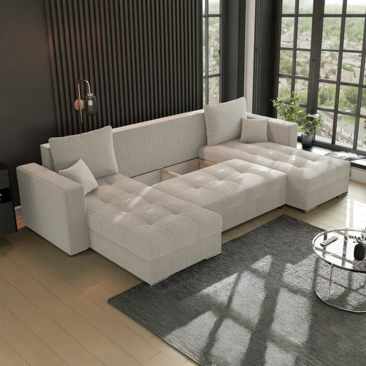 Divano letto panoramico 320x160cm velluto a coste beige Ermione