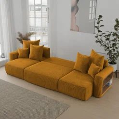 Divano letto panoramico 312x142cm velluto a coste con libreria a destra giallo senape Mistery