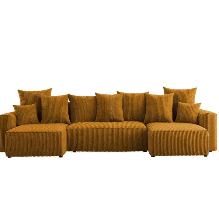 Divano letto panoramico 312x142cm velluto a coste con libreria a destra giallo senape Mistery