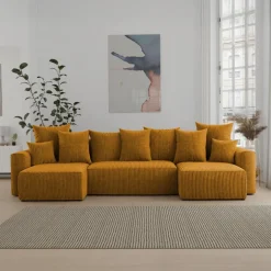 Divano letto panoramico 312x142cm velluto a coste con libreria a destra giallo senape Mistery