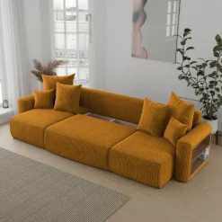 Divano letto panoramico 312x142cm velluto a coste con libreria a destra giallo senape Mistery