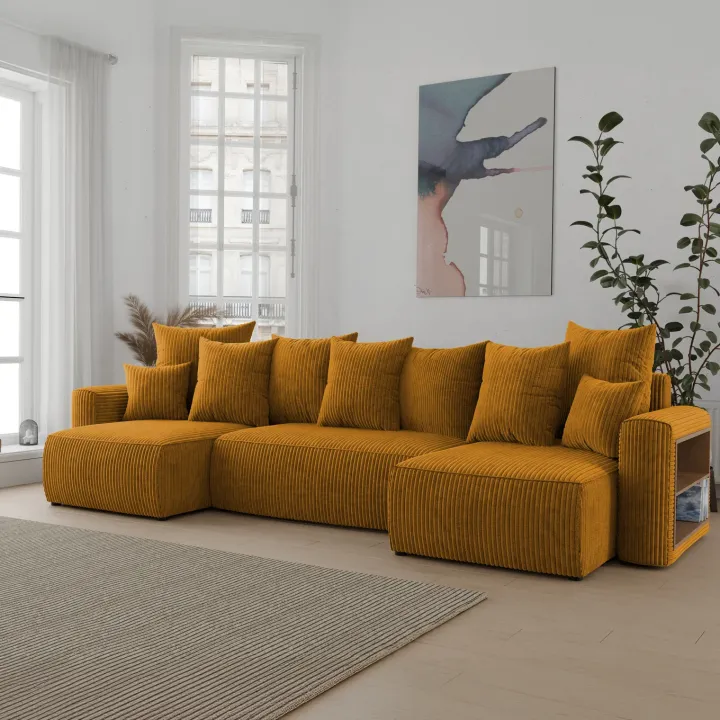 Divano letto panoramico 312x142cm velluto a coste con libreria a destra giallo senape Mistery