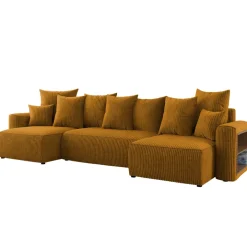 Divano letto panoramico 312x142cm velluto a coste con libreria a destra giallo senape Mistery