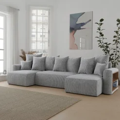 Divano letto panoramico 312x142cm velluto a coste con libreria a destra grigio chiaro Mistery