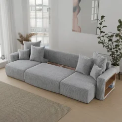 Divano letto panoramico 312x142cm velluto a coste con libreria a destra grigio chiaro Mistery