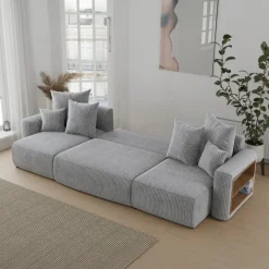 Divano letto panoramico 312x142cm velluto a coste con libreria a destra grigio chiaro Mistery