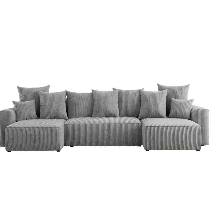 Divano letto panoramico 312x142cm velluto a coste con libreria a destra grigio chiaro Mistery