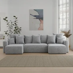 Divano letto panoramico 312x142cm velluto a coste con libreria a destra grigio chiaro Mistery