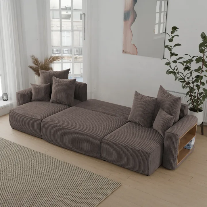 Divano letto panoramico 312x142cm velluto a coste con libreria a destra marrone Mistery