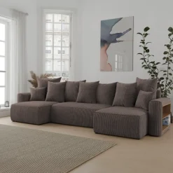 Divano letto panoramico 312x142cm velluto a coste con libreria a destra marrone Mistery