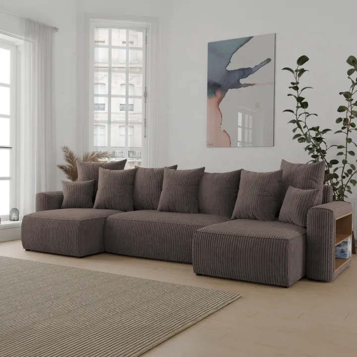 Divano letto panoramico 312x142cm velluto a coste con libreria a destra marrone Mistery