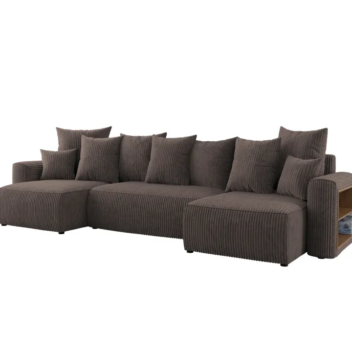 Divano letto panoramico 312x142cm velluto a coste con libreria a destra marrone Mistery