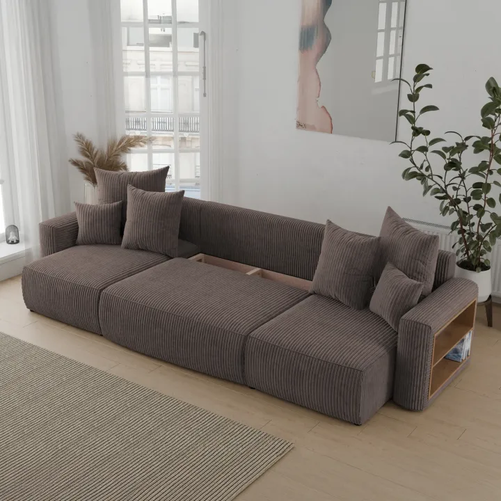 Divano letto panoramico 312x142cm velluto a coste con libreria a destra marrone Mistery
